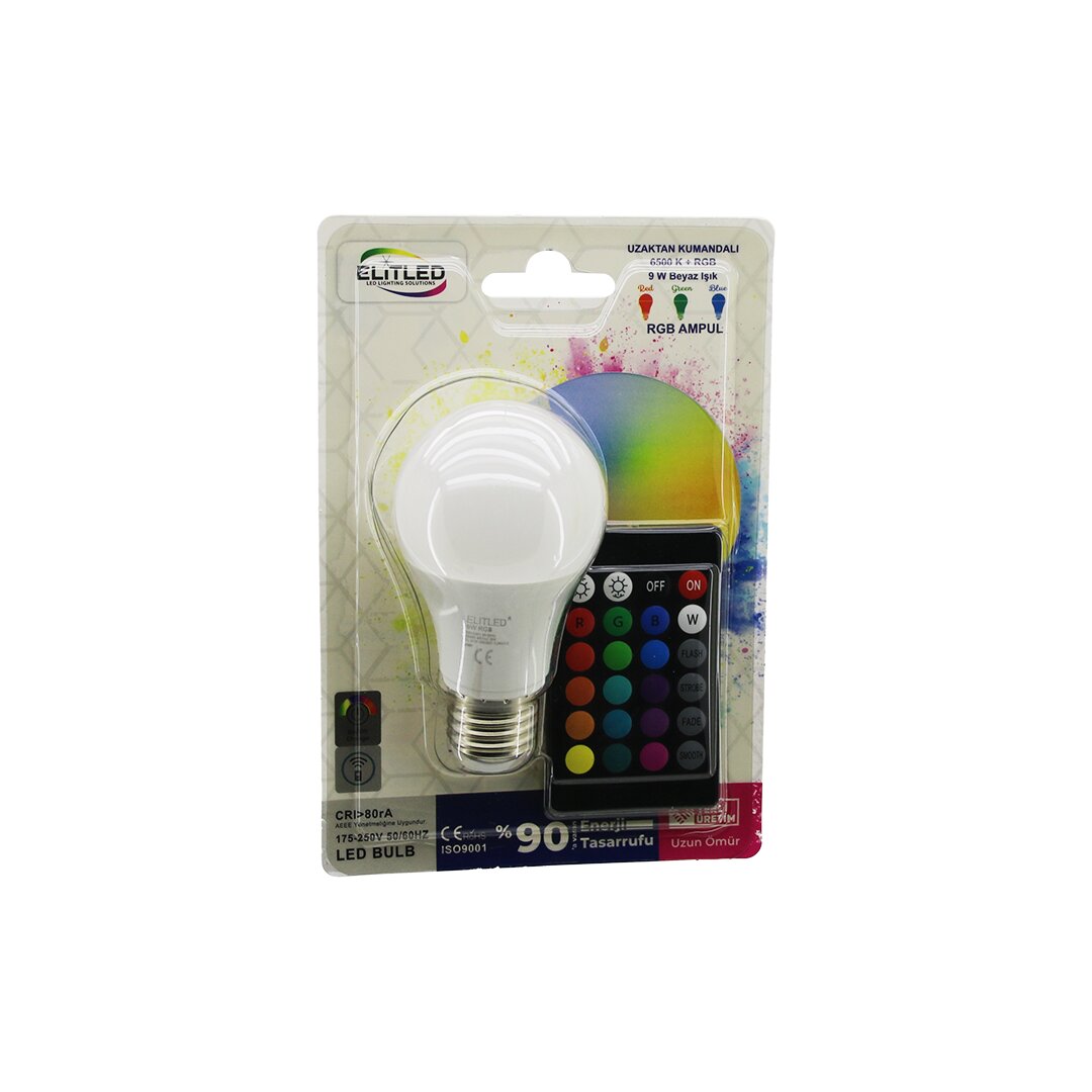 Elitled EL-01-Y Kumandalı 9W RGB 16 Renkli LED Ampul E27 800 Lümen 6500K
